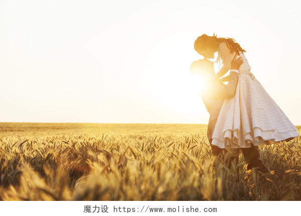 日落下新婚夫妻在麦田上相互拥抱接吻幸福婚姻情侣幸福情侣幸福的人